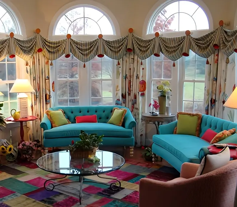 a living room with colorful furniture