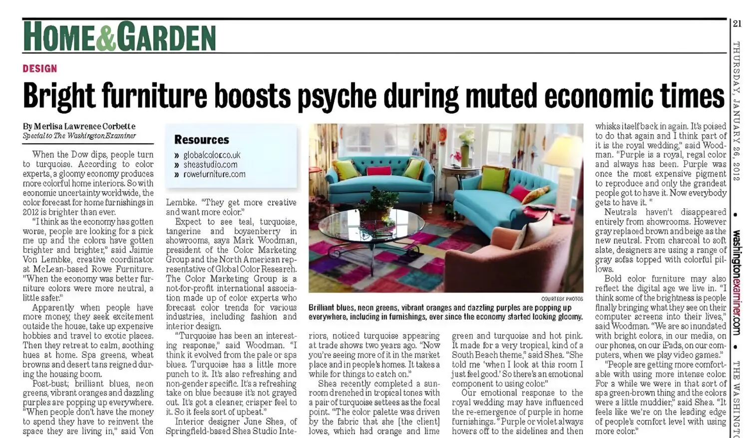 Bright Furniture Boosts Psyche During Muted Economic Times 1 | Award Winning Interior Designers Washington Dc &Amp; Northern Virginia Areas a newspaper article of a room