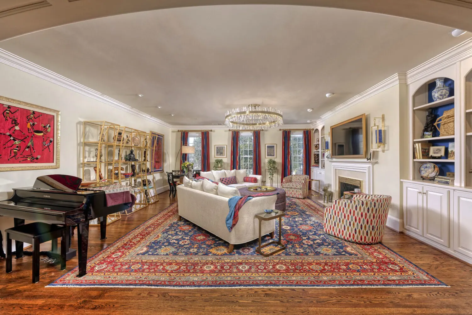 a living room with a piano and a couch