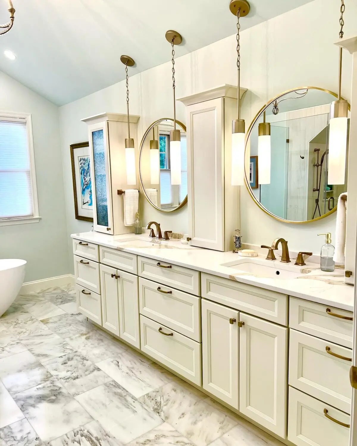 Premier Interior Design Services In Reston 3 | Award Winning Interior Designers Washington Dc &Amp; Northern Virginia Areas a bathroom with white cabinets and mirrors