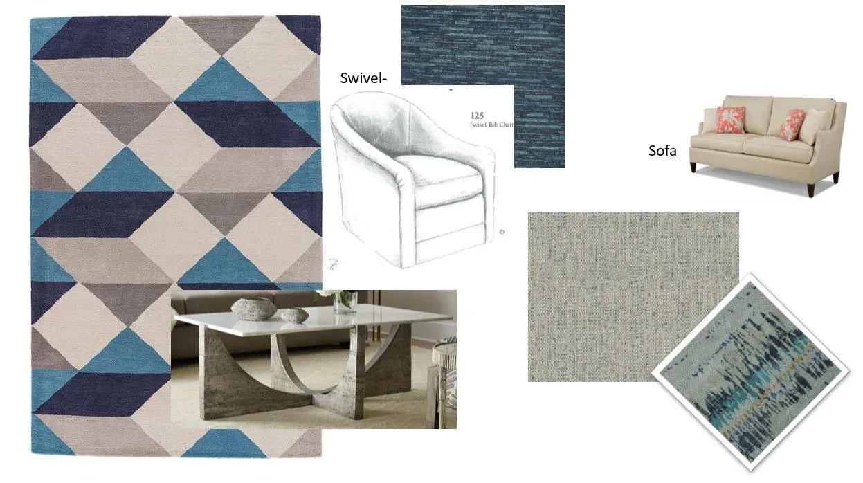 a collage of furniture and fabrics